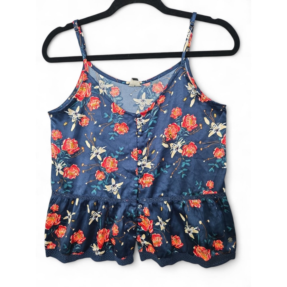 Roxy Womens XS Floral Cami Topβ Button Front Peplum Y2K Coastal Boho Lace Trim